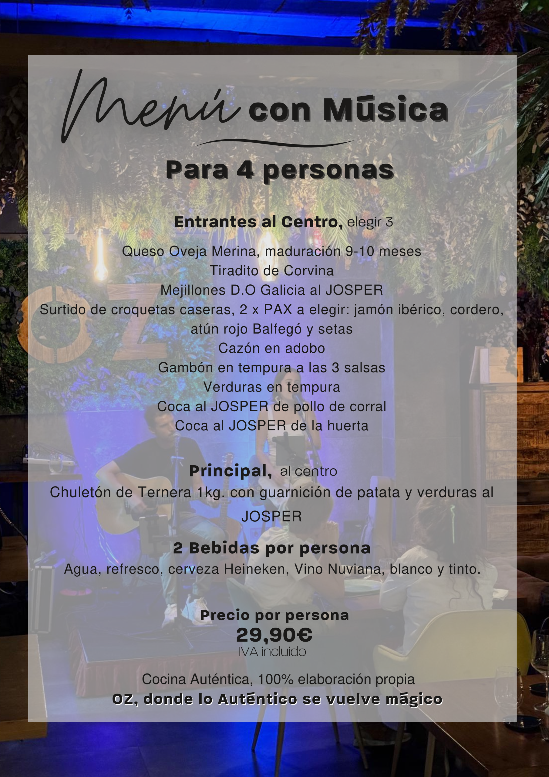 Menú con música 4 pax